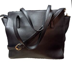 Trendy Black Faux Leather Tote Bag w/ Charm, Front Zip, Work & Business